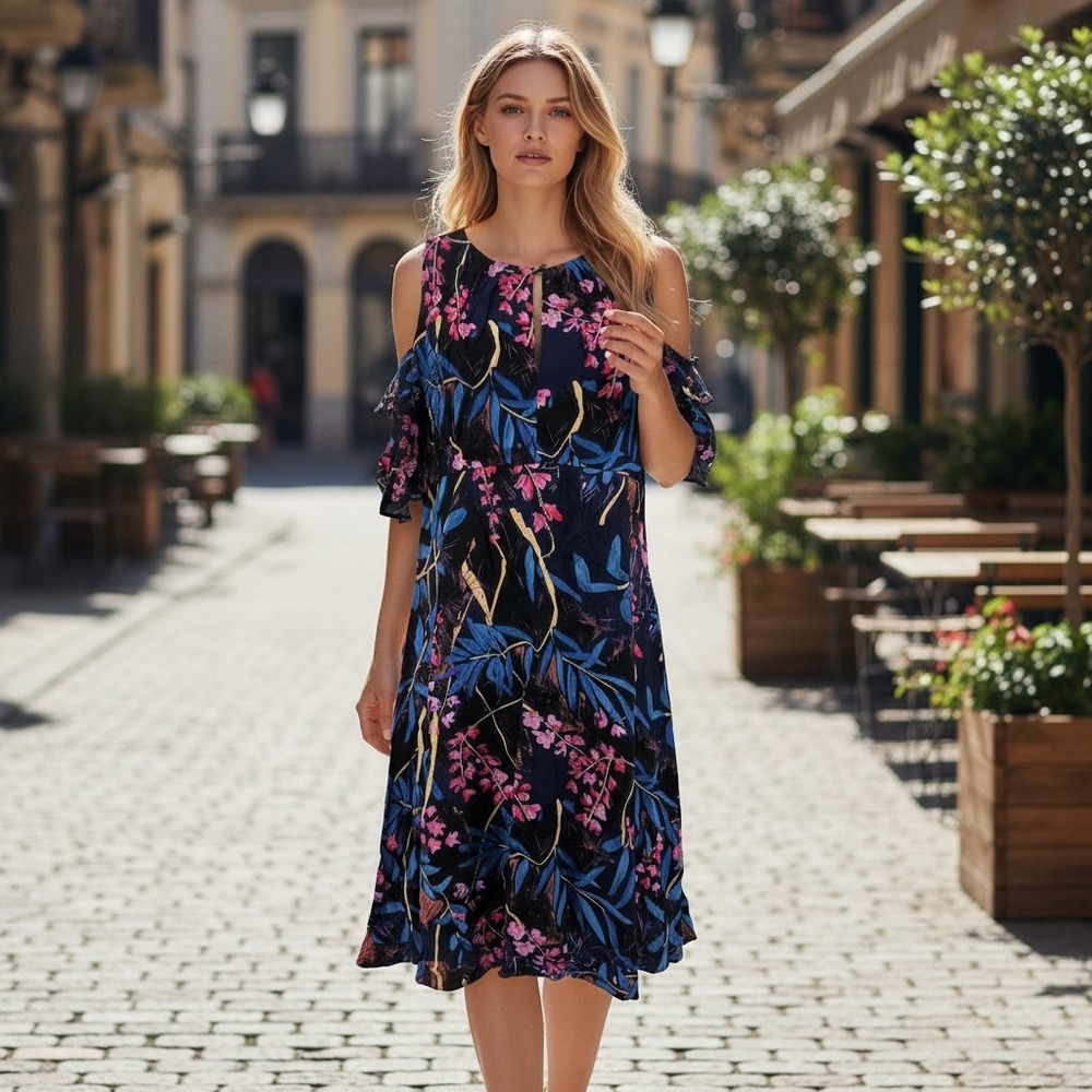Maeve Elia Cold Shoulder Midi Dress Blue Floral Keyhole Boho Summer 2